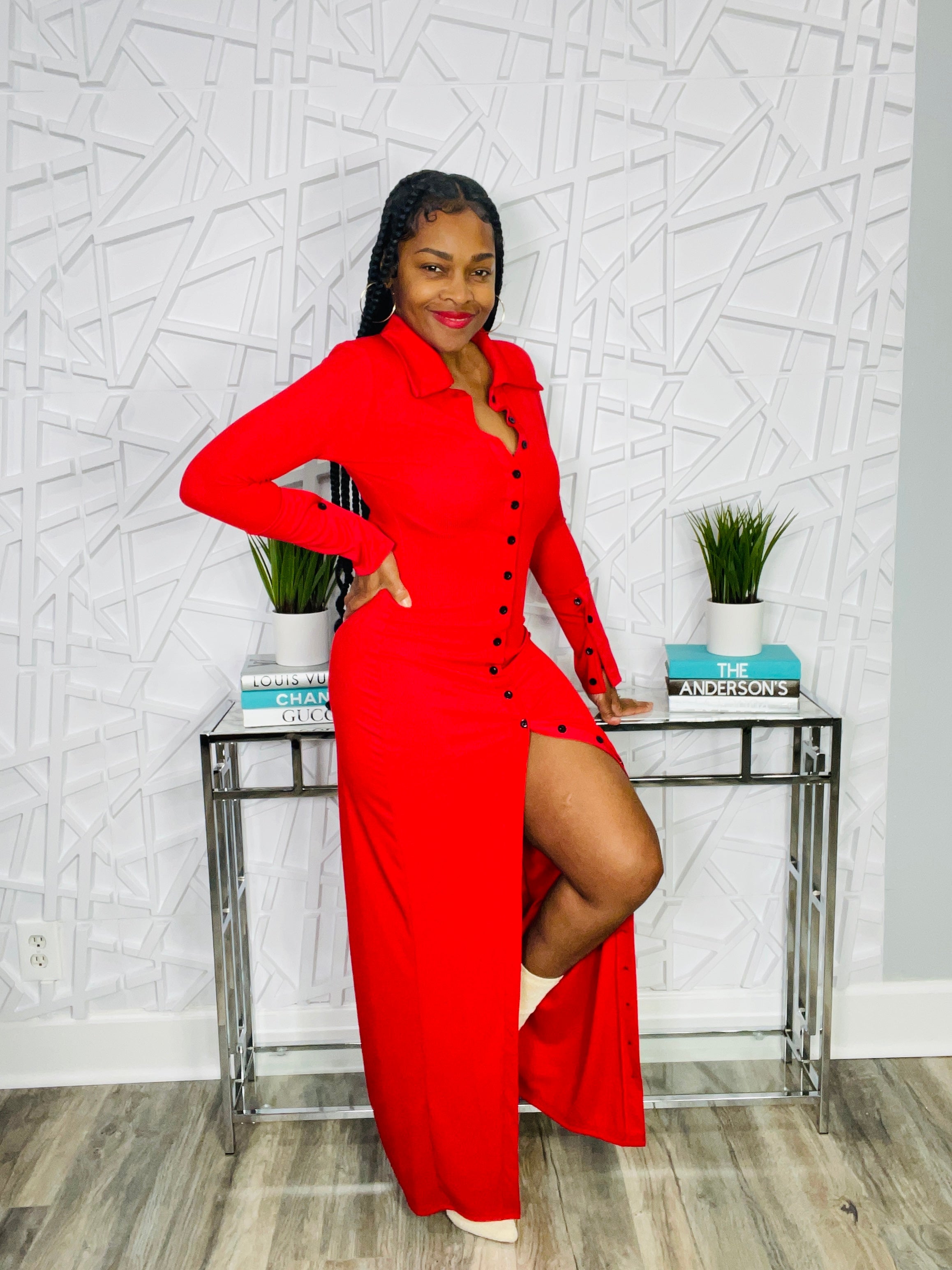 Pretty & Red  Ribbed Button Down Maxi Dress